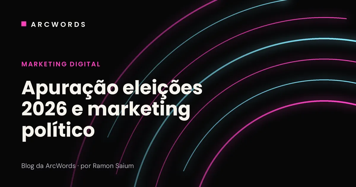 Capa do artigo Apuração eleições 2026 e marketing político, com arcos rosa e ciano sobre fundo escuro.