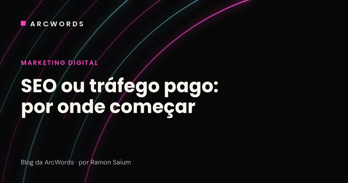 Capa do artigo SEO ou tráfego pago, com arcos rosa e ciano sobre fundo escuro.