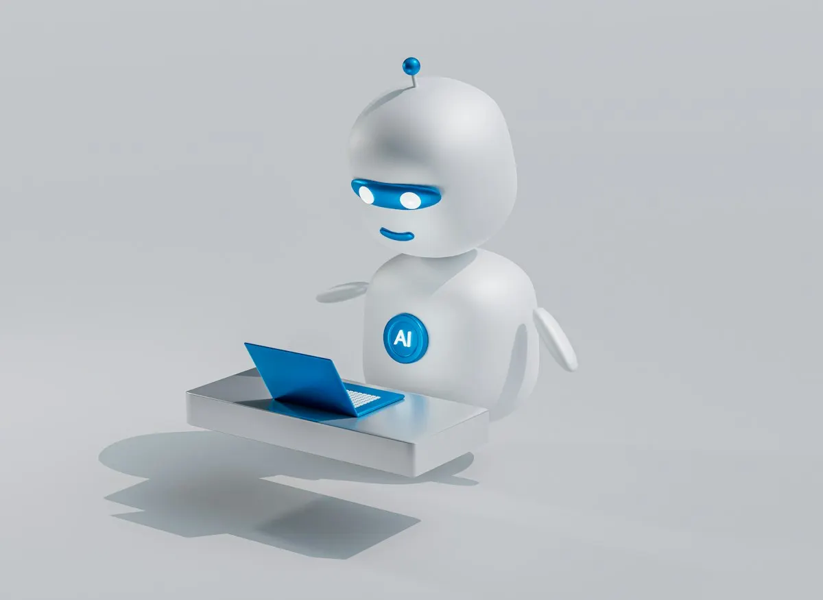 Ilustração 3D de um robô branco de olhos azuis usando um notebook, representando um agente de IA operando sistemas.