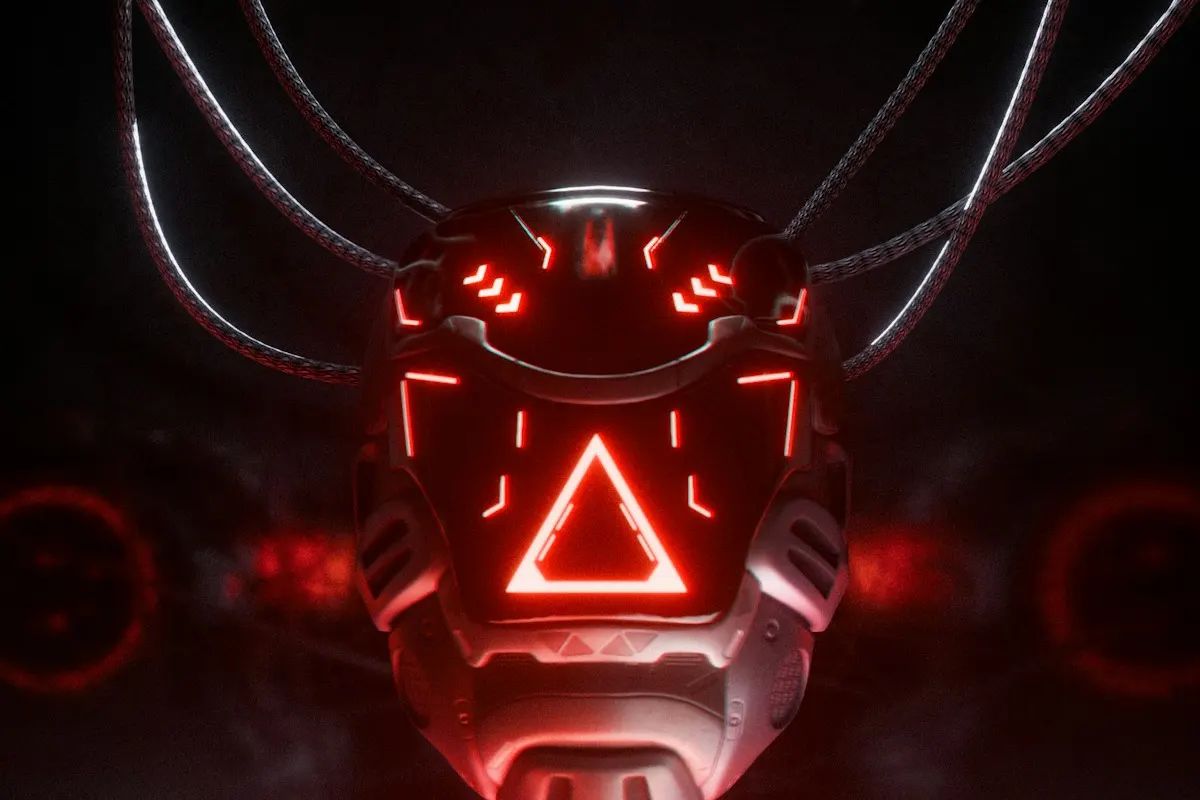 Cabeça de robô futurista com triângulo vermelho de alerta aceso, representando a alucinação da IA.