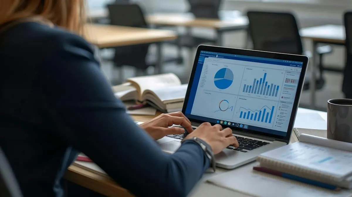 Profissional analisando gráficos de segmentação de público no laptop, como fazem as equipes de marketing eleitoral.