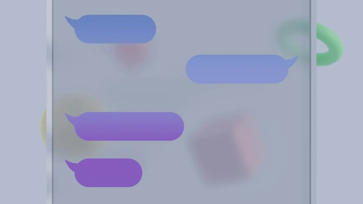 Balões de conversa roxos numa tela translúcida, como as mensagens de um chatbot de atendimento.