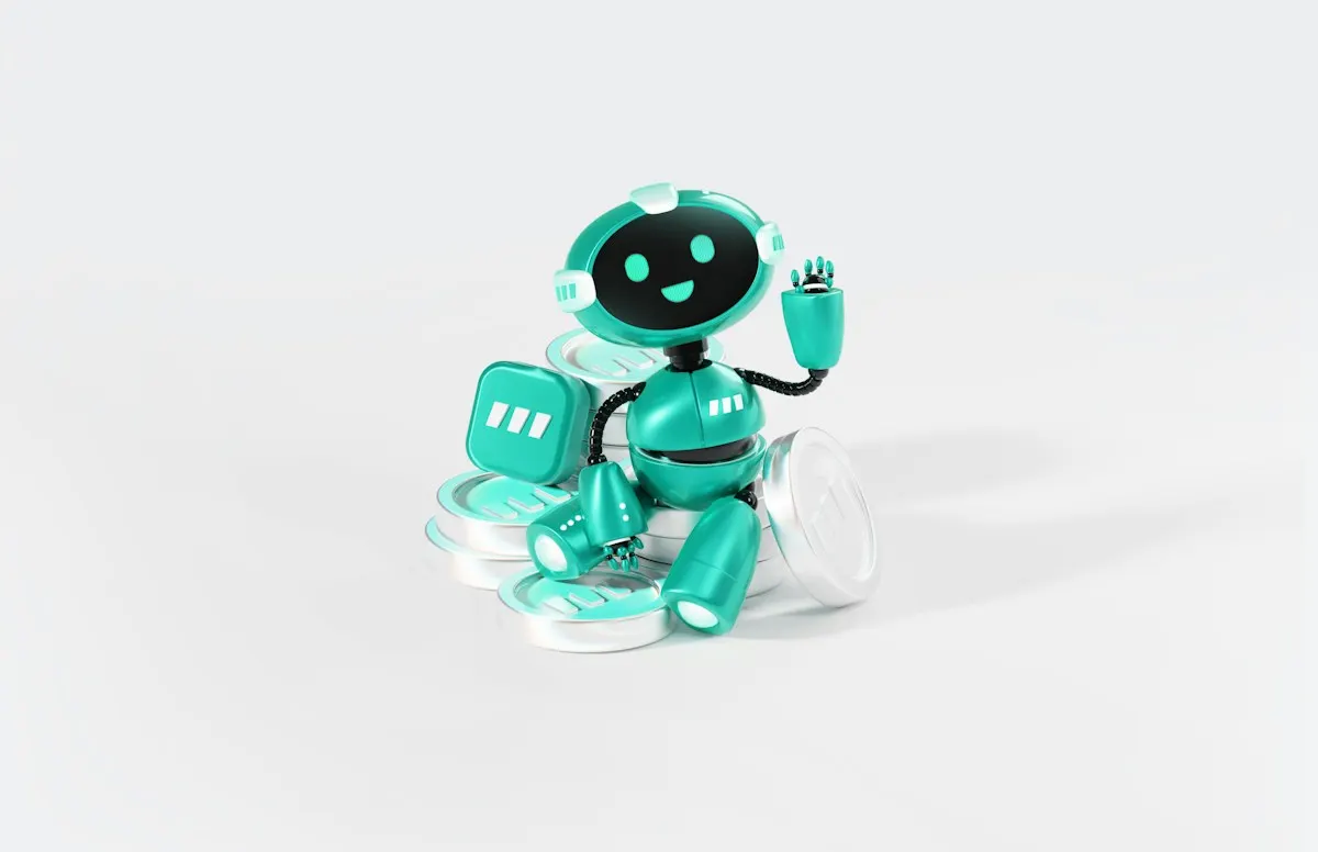 Robô de brinquedo sorridente sentado sobre moedas, lembrando o chatbot que aceitou vender um carro por um dólar.