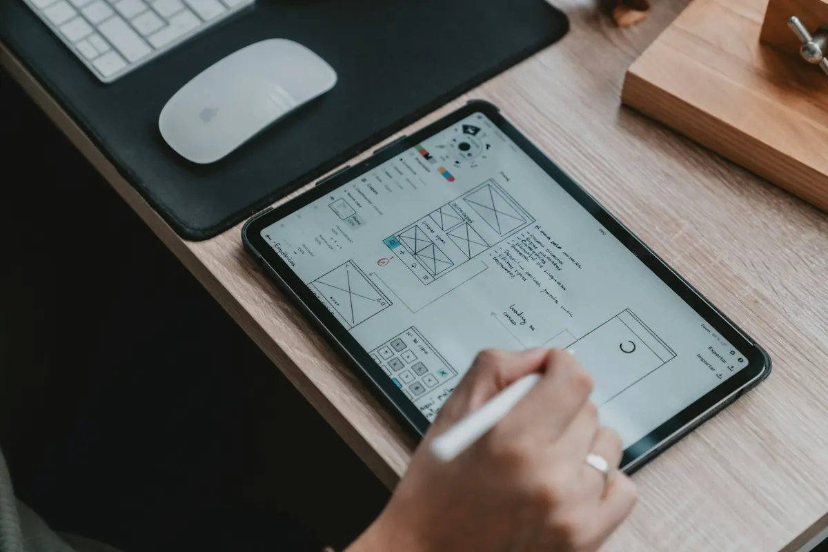 Mão usando caneta stylus em um tablet com esboços de wireframe, sobre mesa de madeira.