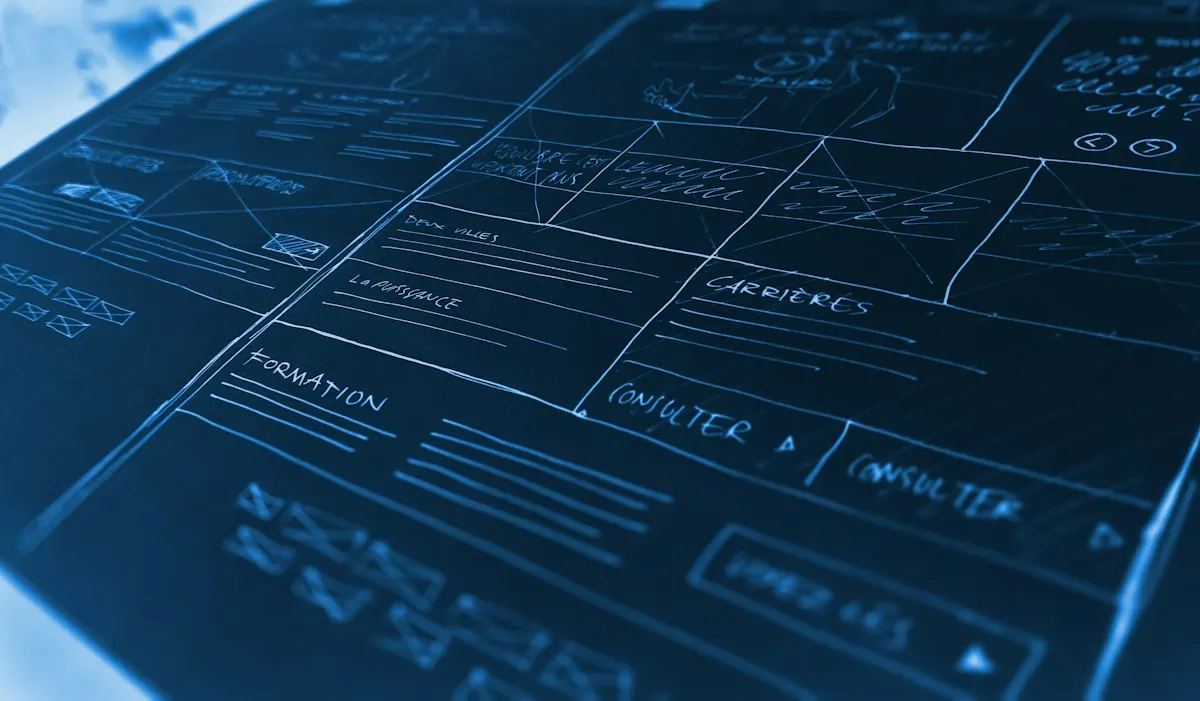 Esboços de wireframe de site desenhados à mão em fundo azul-escuro, com blocos de página e botões.