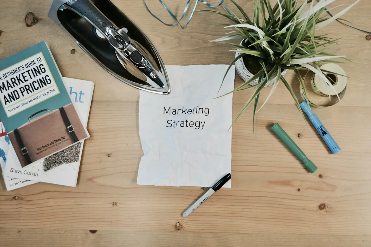 Papel amassado com o texto Marketing Strategy sobre mesa de madeira, com ferro e livros ao lado.