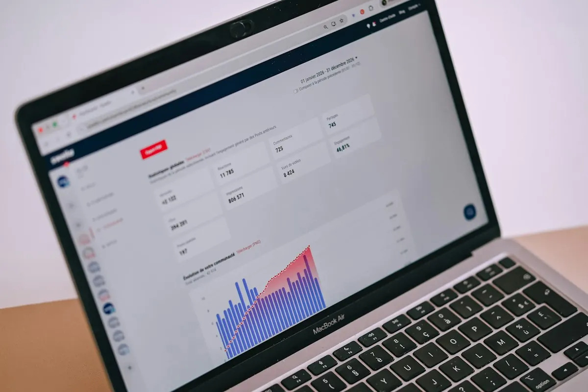 Notebook com painel de resultados de anúncios, métricas e gráfico de barras para avaliar o trabalho do gestor de tráfego.