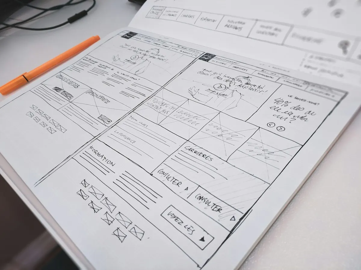 Esboço de wireframe de site desenhado à mão no papel, representando o rascunho de estrutura que a IA ajuda a montar.