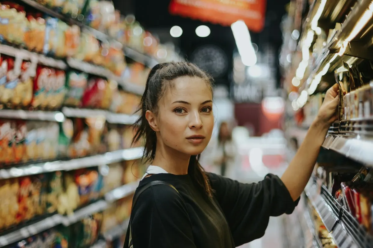 Mulher escolhendo um produto na prateleira do supermercado, momento em que os gatilhos mentais agem.