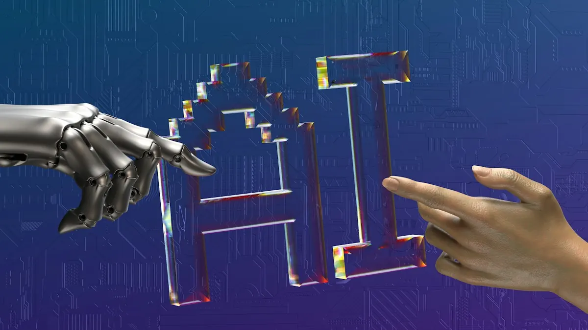 Mão robótica e mão humana apontando para as letras AI em vidro sobre um fundo azul com circuitos.