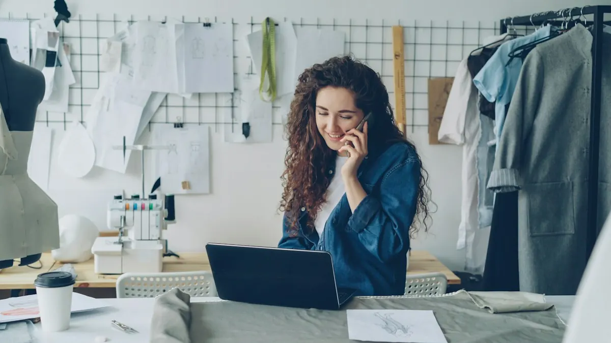 Empreendedora sorrindo ao telefone em frente ao notebook, num ateliê de roupas, atendendo um cliente.
