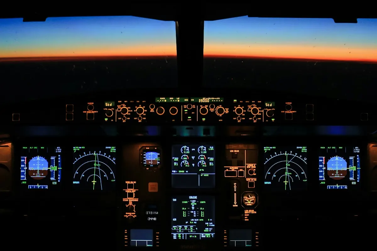Cabine de um avião à noite, com os painéis de instrumentos acesos e o horizonte laranja no para-brisa, como num voo em piloto automático.