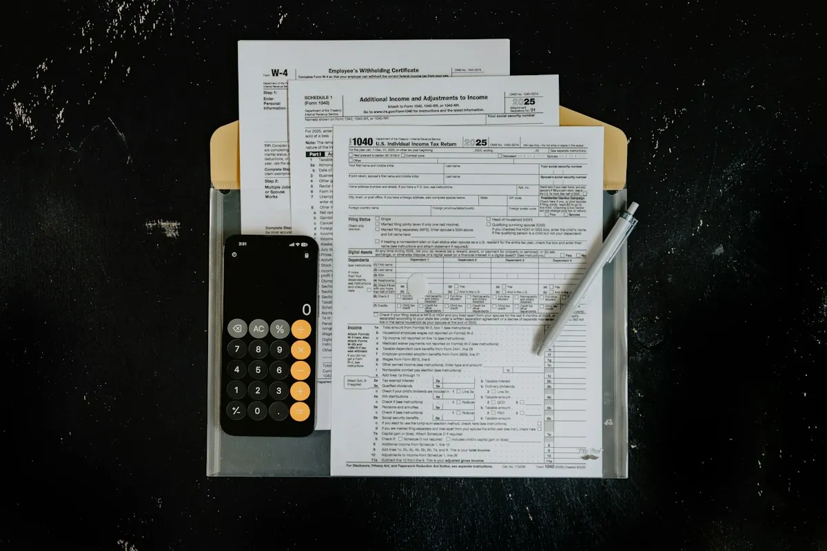 Formulários fiscais com calculadora e caneta, ilustrando o cálculo do aumento de cerca de 12,15% no Meta Ads.