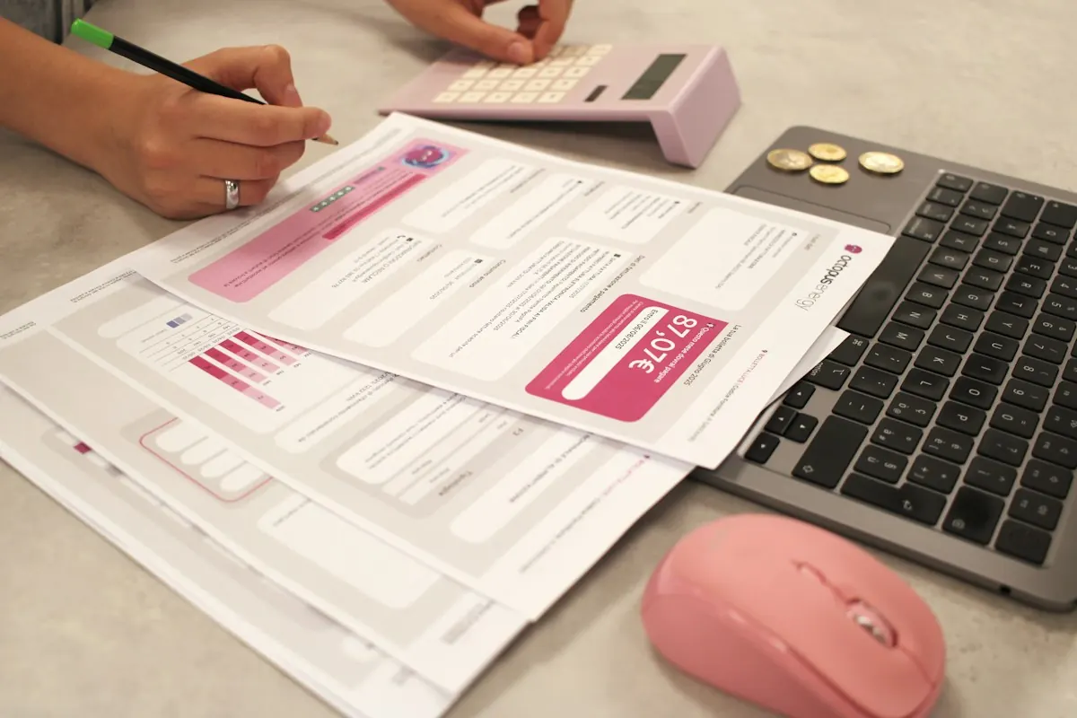 Pessoa revisando fatura com calculadora e notebook, conferindo o valor cobrado de anúncios após o repasse de tributos.