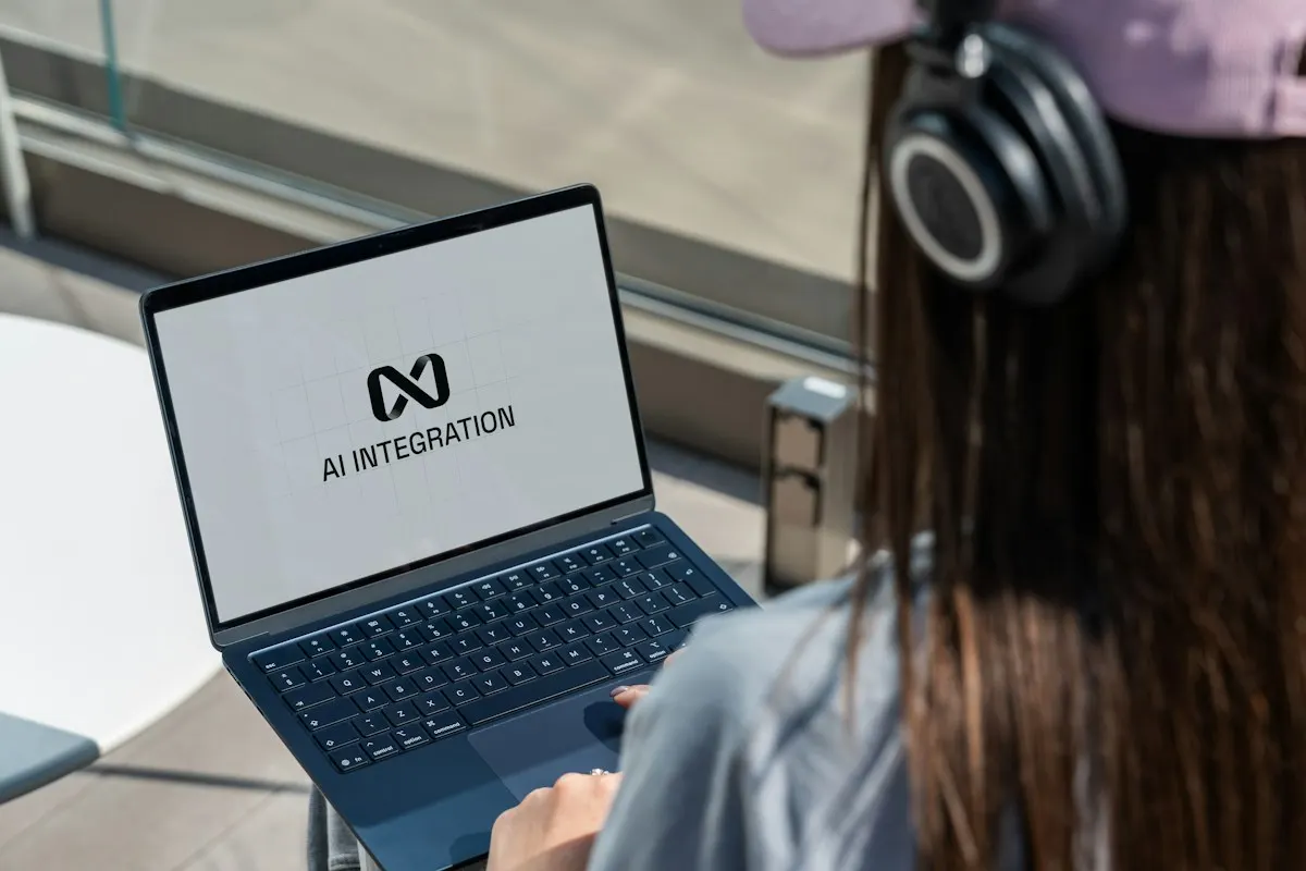 Pessoa de fones de ouvido usando um notebook com a tela mostrando o logo de uma integração de IA.