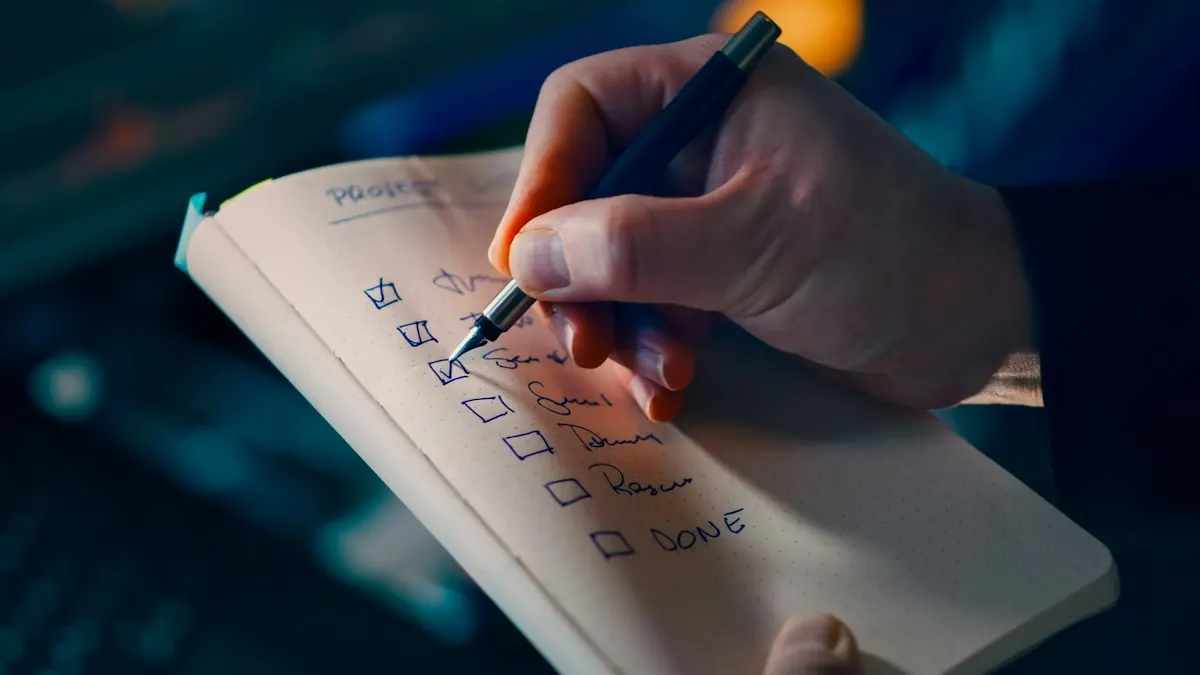 Mão segurando uma caneta e marcando itens de uma lista de tarefas num caderno.