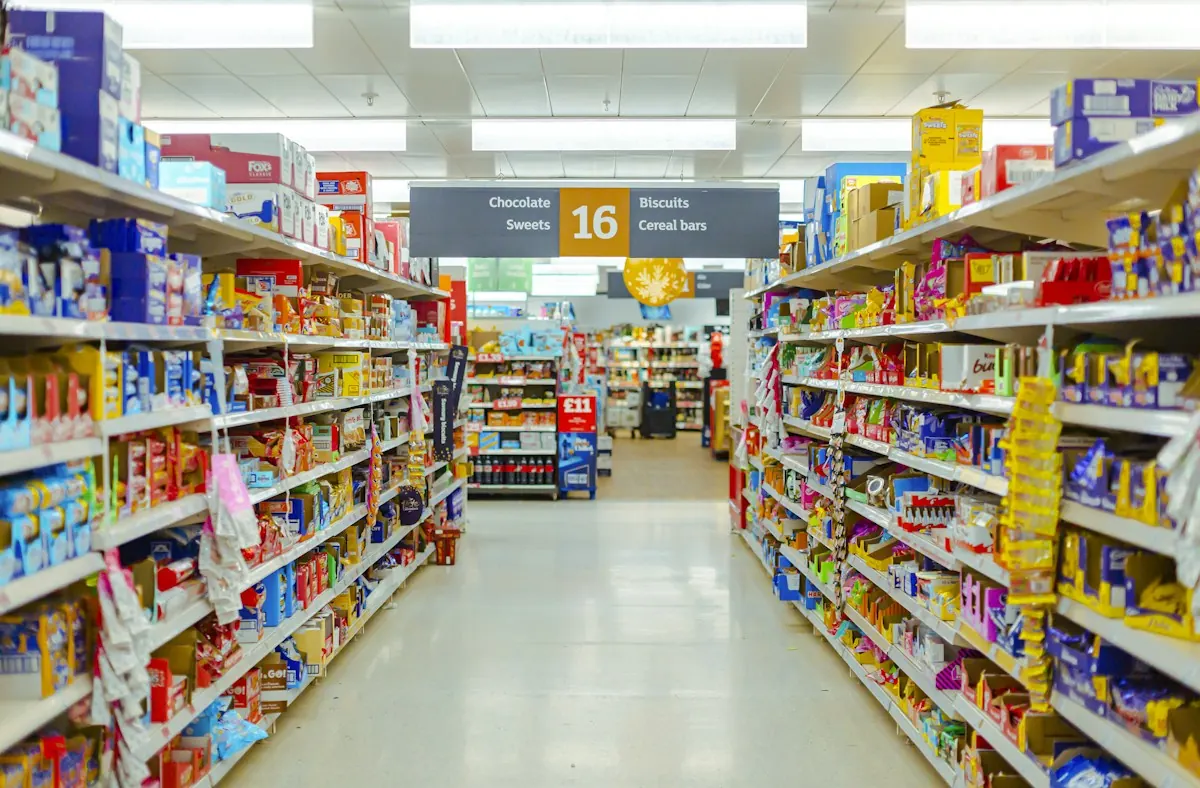 Corredor de supermercado cheio de opções, cenário do famoso experimento de neuromarketing das geleias.