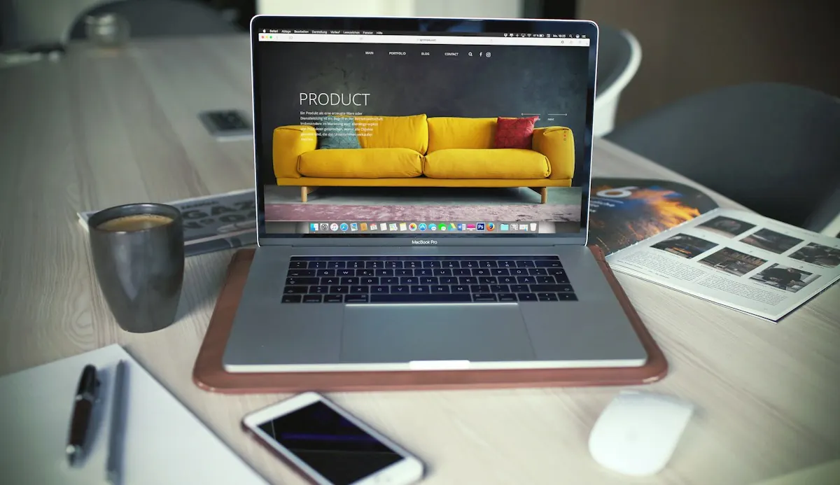 MacBook em mesa de escritório exibindo um site profissional com imagem de produto e menu de navegação.