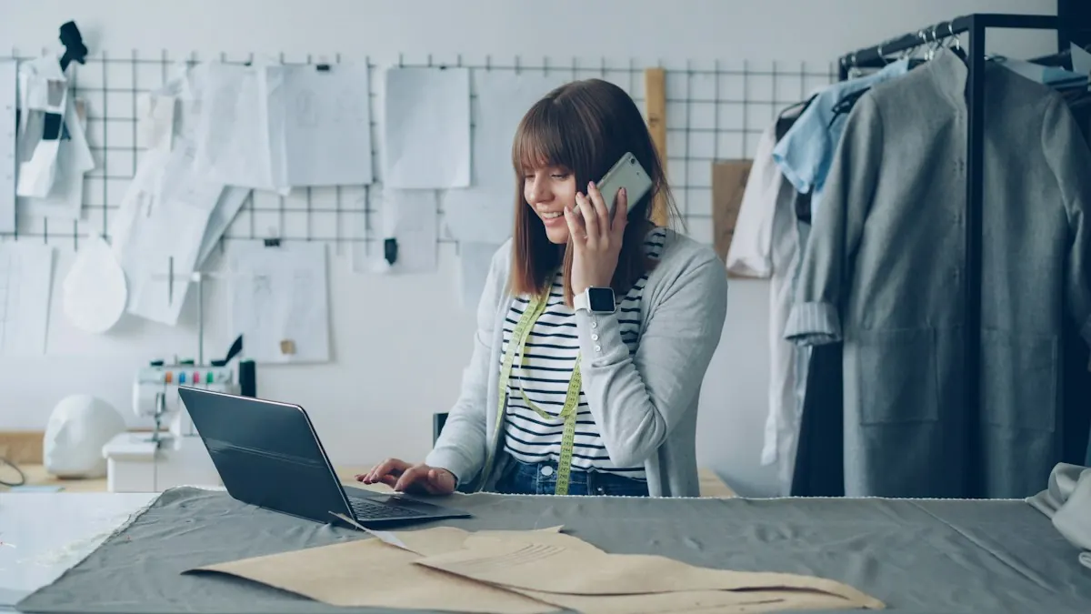 Dona de pequena empresa atendendo cliente ao telefone enquanto acompanha os contatos que chegaram pelo site no laptop.