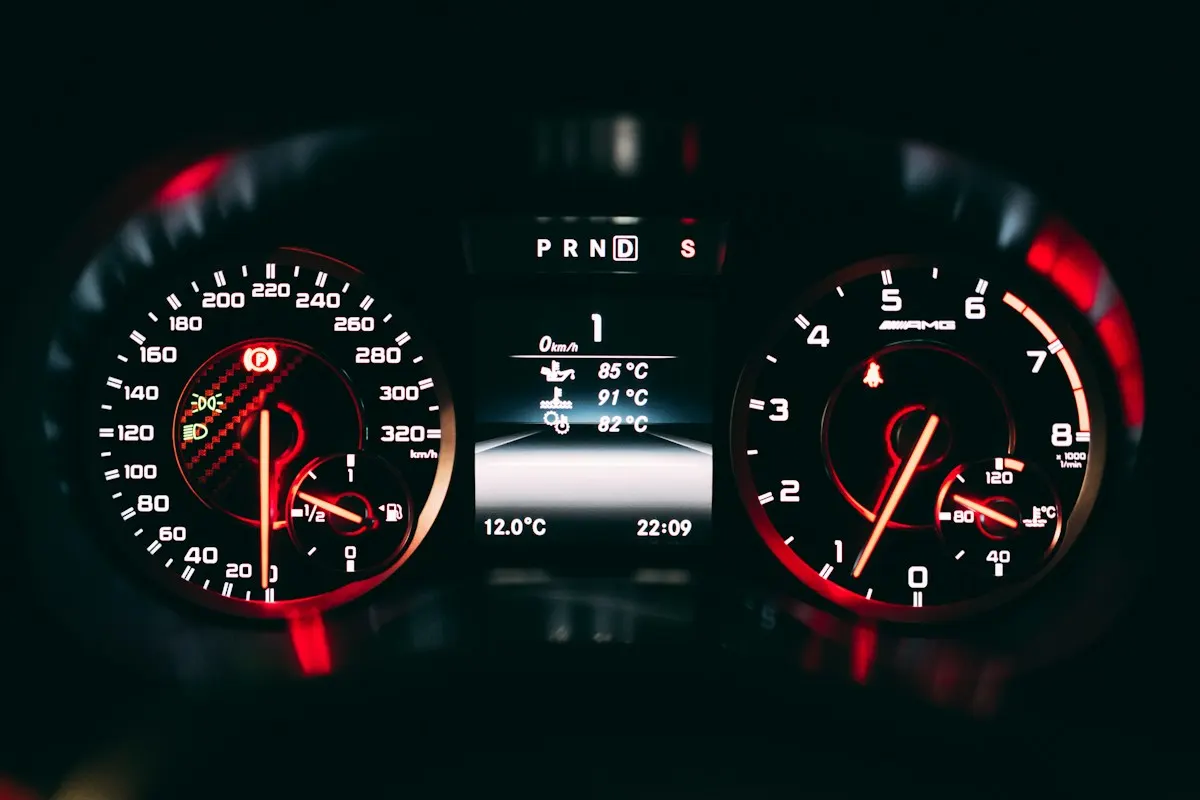 Painel de carro com velocímetro aceso, comparando a velocidade do site com a de um motor.