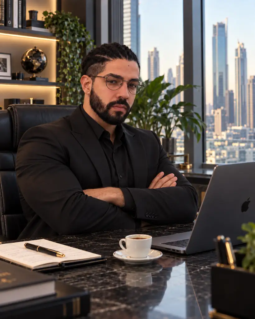 Ramon Saium, founder of ArcWords, arms crossed at his office desk with a laptop and a city view at sunset.
